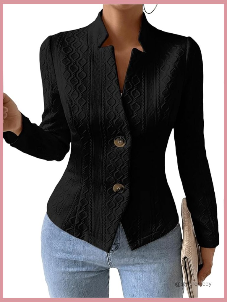 Jacquard Knit Sweater Blazer Jacket - Slim Fit Stand Collar Work Blazer